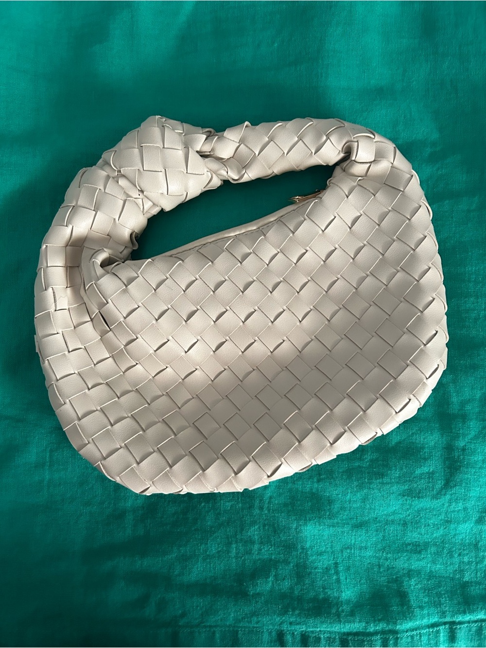 Cream Woven Knot Handle Hobo Bag | Vegan Leather Mini Shoulder Purse
Description